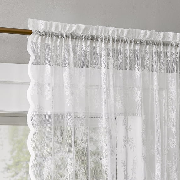No. 918 Lillemor 2-pack Vintage Floral Lace Sheer Rod Pocket Curtain Panel Pair, White, 50"W x 84"L (2 Panels)