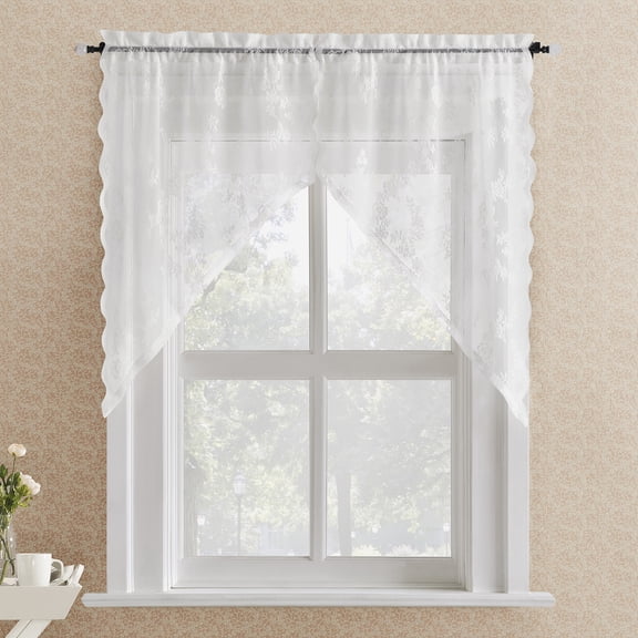 No. 918 Lillemor 2-pack Vintage Floral Lace Sheer Rod Pocket Kitchen Curtain Swag Pair, White, 50"W x 38"L (2 Panels)
