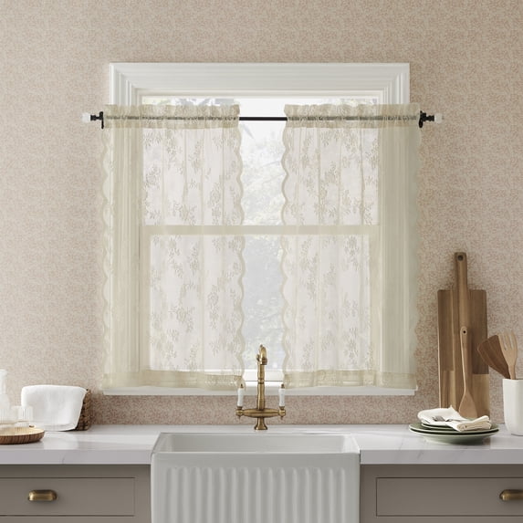 No. 918 Lillemor 2-pack Vintage Floral Lace Sheer Rod Pocket Kitchen Curtains, 25"W x 36"L (2 Panels)