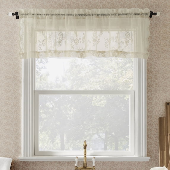 No. 918 Lillemor Vintage Floral Lace Sheer Rod Pocket Kitchen Curtain Valance, Cream, 50"W x 15"L (1 Panel)