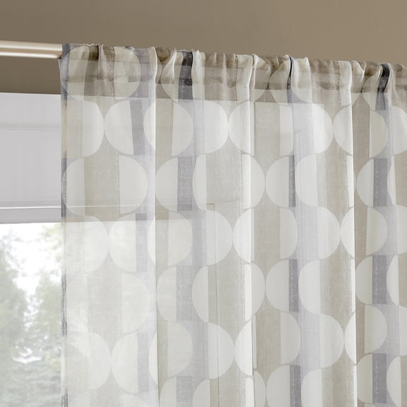 No. 918 Lucas 2-pack Retro Geometric Sheer Rod Pocket Curtain Panel Pair, Linen, 52"W x 63"L (2 Panels)