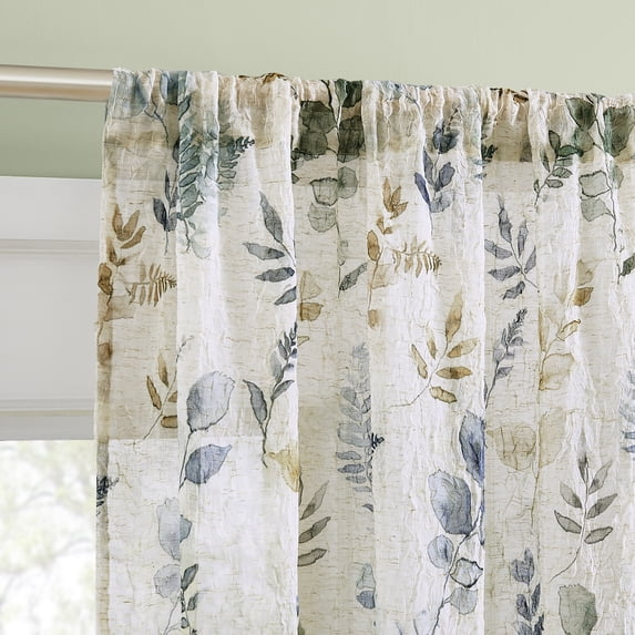 No. 918 Marcella Watercolor Botanical Semi-sheer Rod Pocket Curtain Panel, 48"W x 84"L, Indigo
