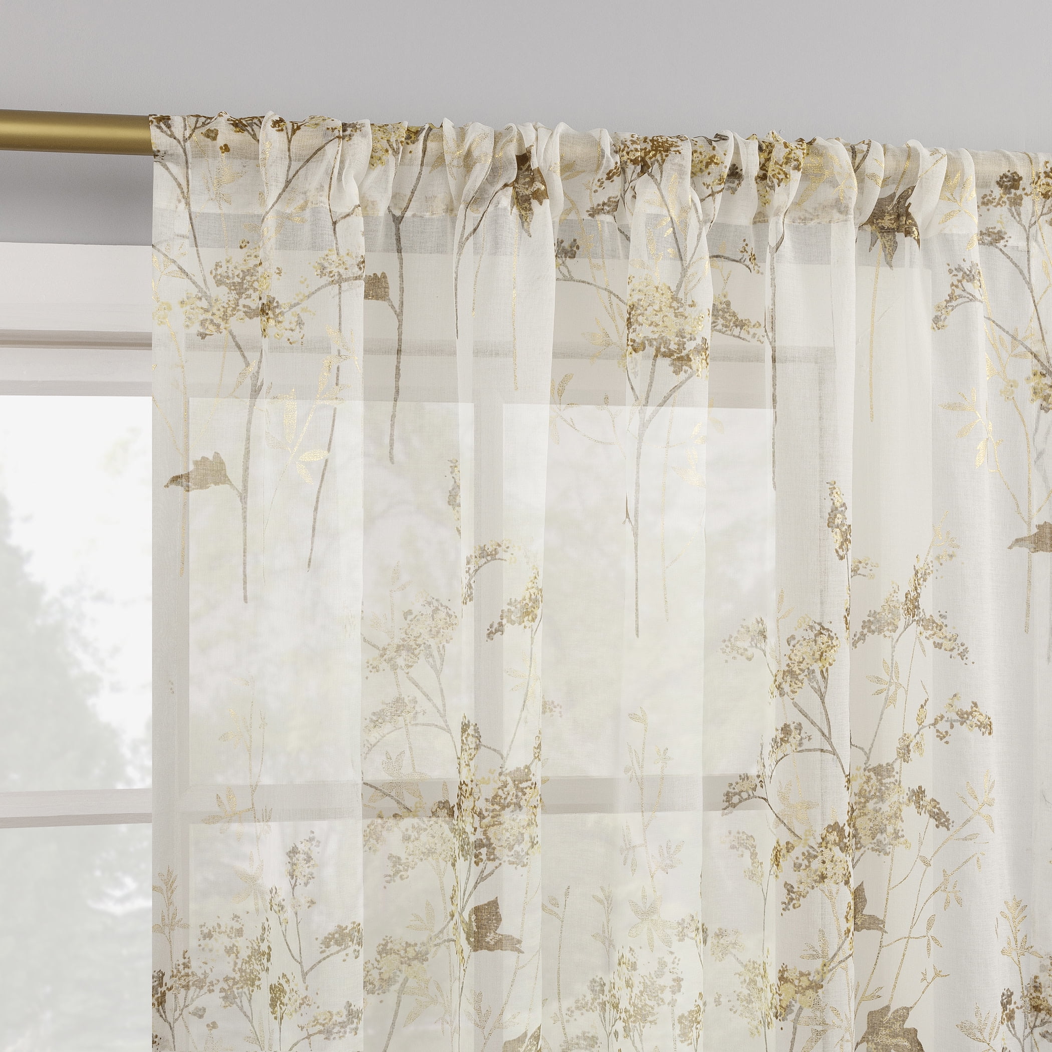 No. 918 Margot Botanical Print Sheer Rod Pocket Curtain Panel, 50"W X 84"L, Gold