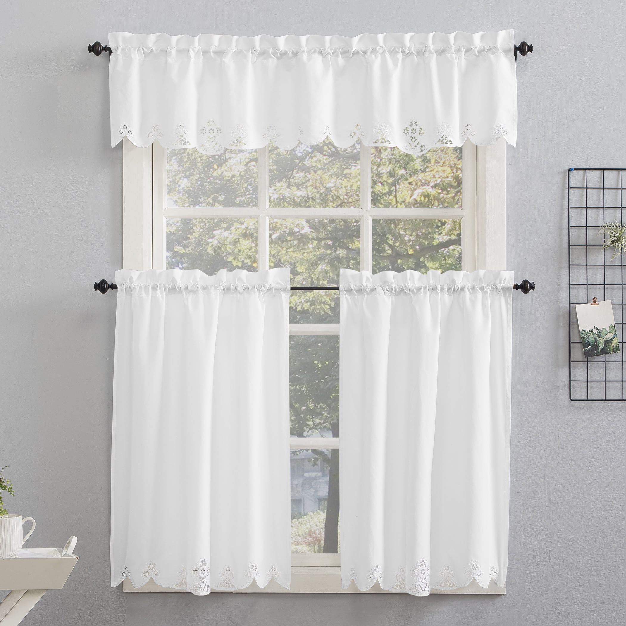 Mariela White Floral Trim Semi-Sheer Kitchen Curtain Set