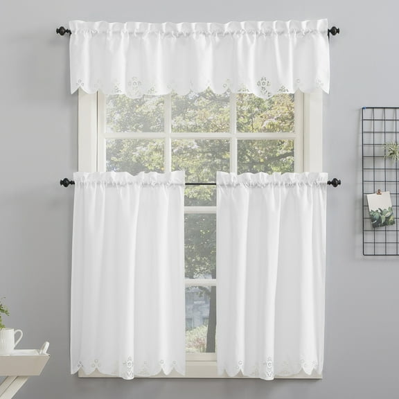 No. 918 Mariela Floral Trim Semi-Sheer Rod Pocket Kitchen Curtain Set, 58" x 36" in White
