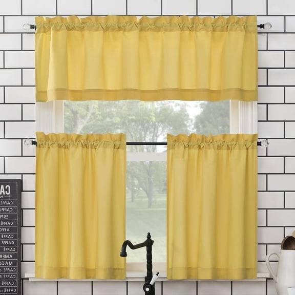 No. 918 Martine Microfiber Semi-Sheer Rod Pocket Kitchen Curtain Valance and Tiers Set, 54" x 24", Yellow