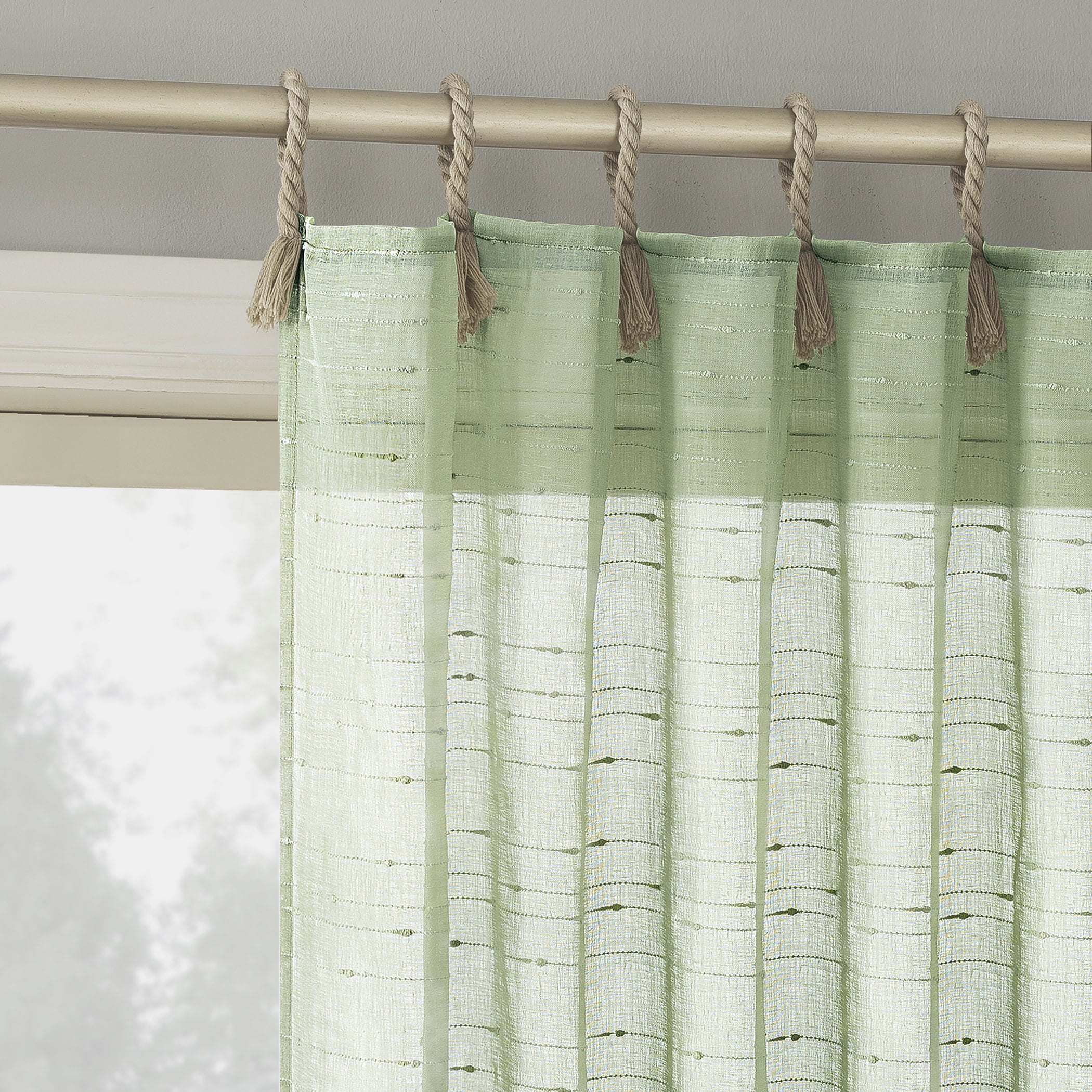 No. 918 Noemi Slub Stripe Rope Tab SemiSheer Tie Top Curtain Panel, 50