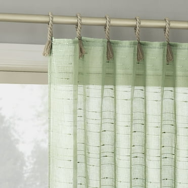 No. 918 Noemi Slub Stripe Rope Tab Semi-Sheer Tie Top Curtain Panel, 50"x84", Sage Green