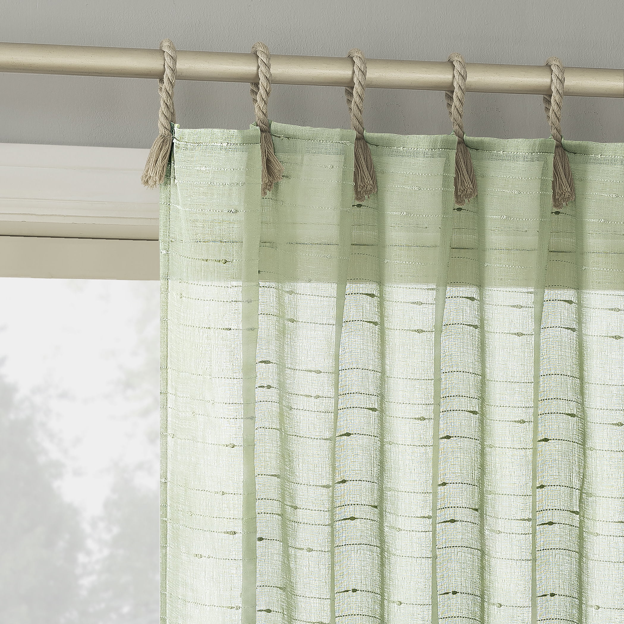No. 918 Noemi Slub Stripe Rope Tab Semi-Sheer Curtain Panel, 1-Piece Tab Top Indoor Window Panel, 50”x96", Sage Green