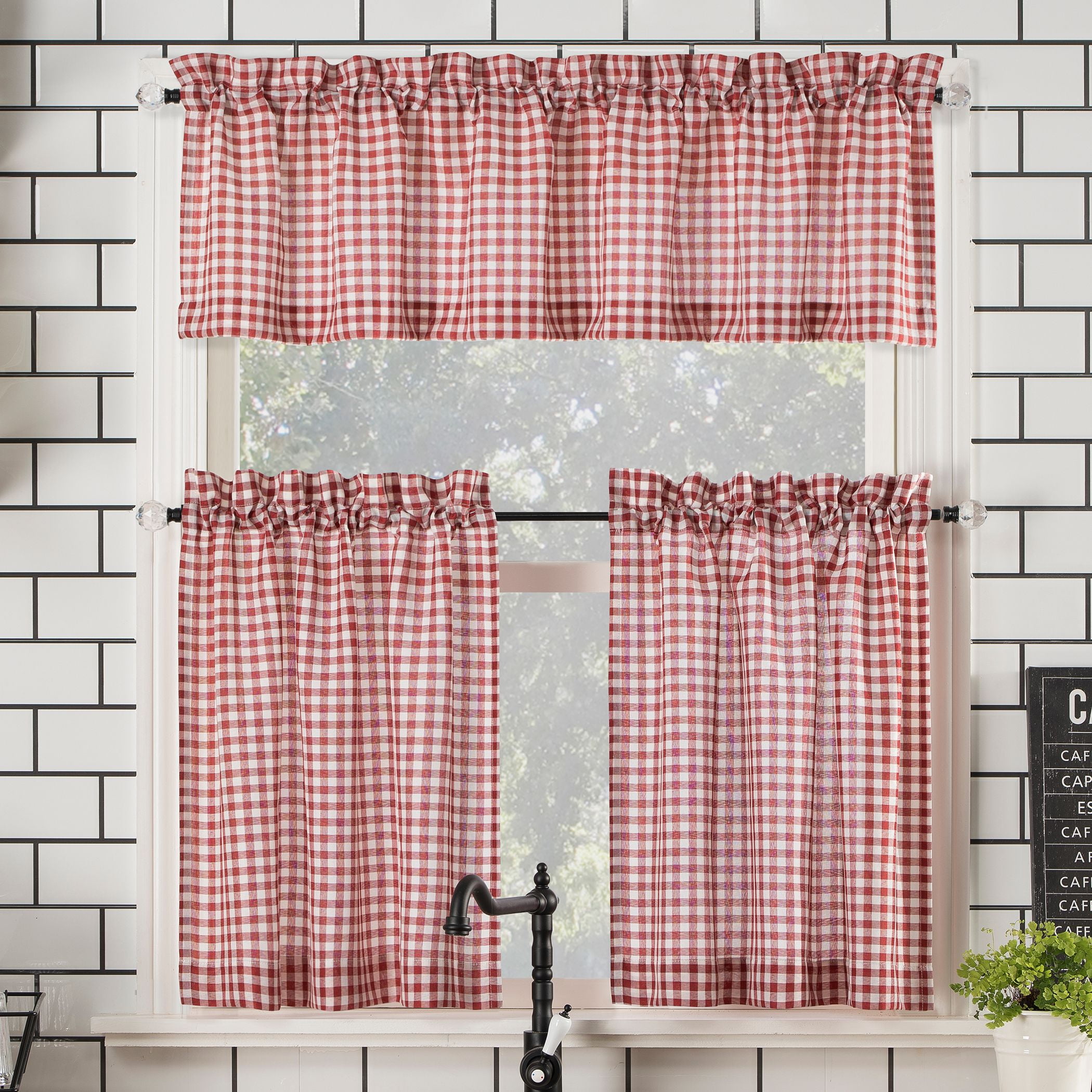 Red and White Plaid Semi-Sheer Polyester Kitchen Curtain Set