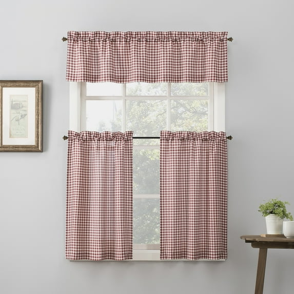 No. 918 Parkham Farmhouse Plaid Semi-Sheer Rod Pocket Kitchen Curtain Valance and Tier Set, 54" x 36"