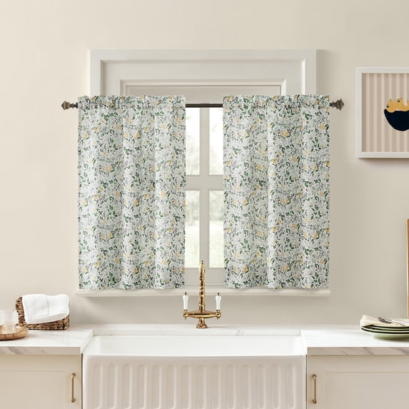 No. 918 Portia 2-pack Watercolor Wildflower Semi-Sheer Rod Pocket Kitchen Curtains, 54"W x 36"L