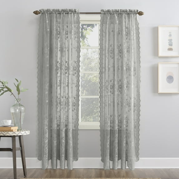 No. 918 Quinn Floral Lace Sheer Rod Pocket Curtain Panel, Dove Gray, 58x84
