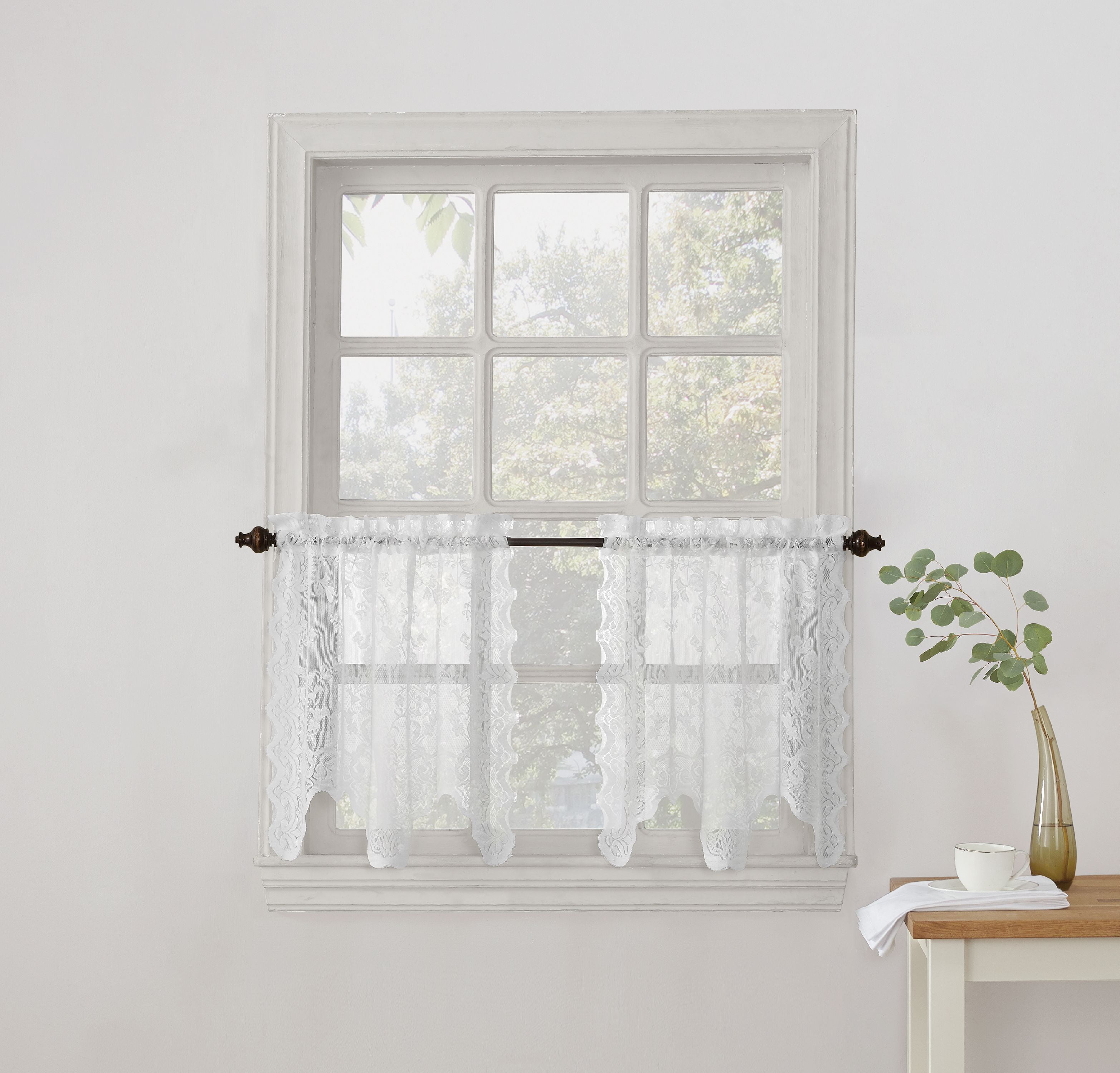 White Floral Lace Sheer Rod Pocket Kitchen Curtain Tier Pair