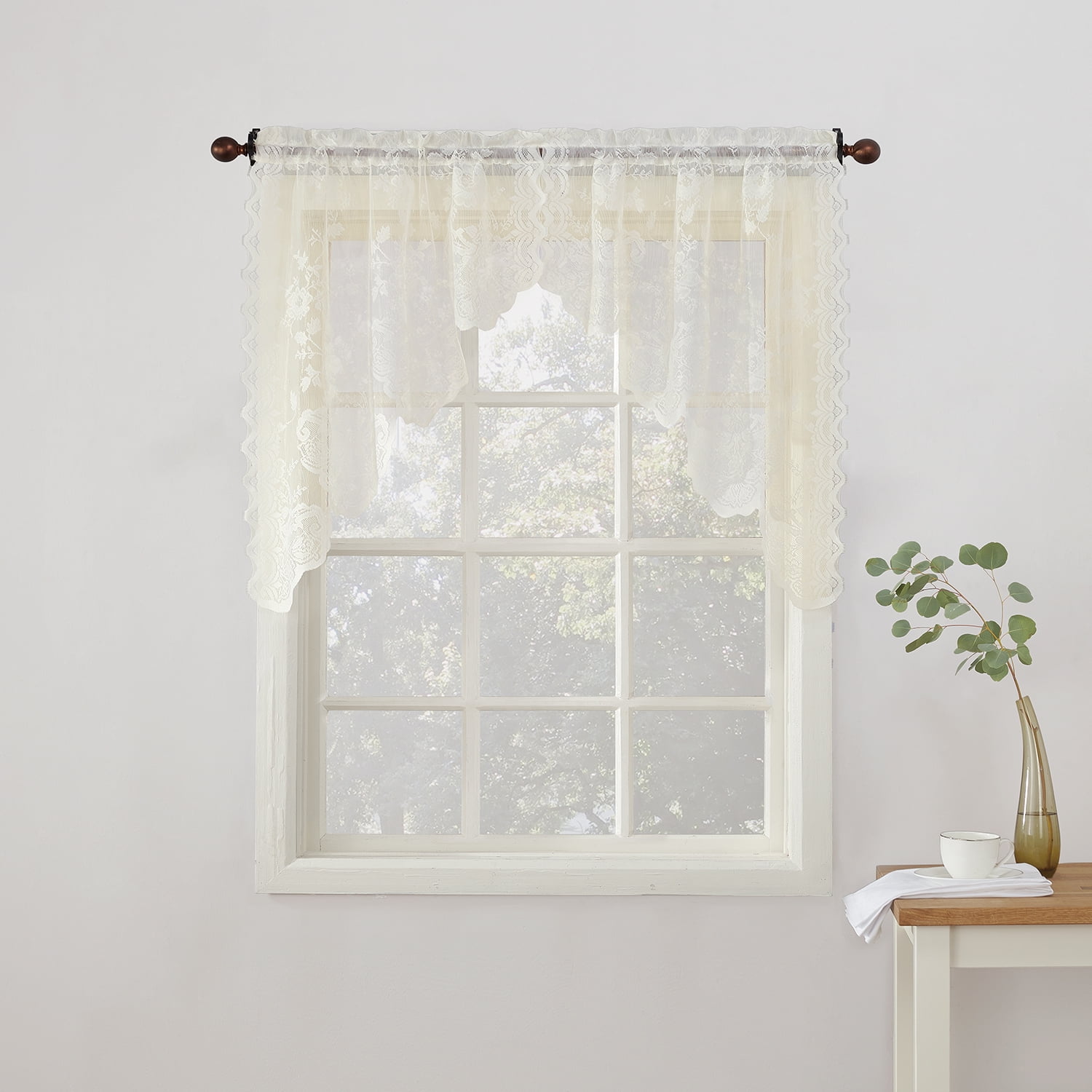 Ivory Sheer Lace Rod Pocket Kitchen Curtain Swag Pair