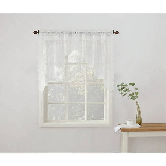 No. 918 Quinn Floral Lace Sheer Rod Pocket Kitchen Curtains, 58"x38", White, Adult