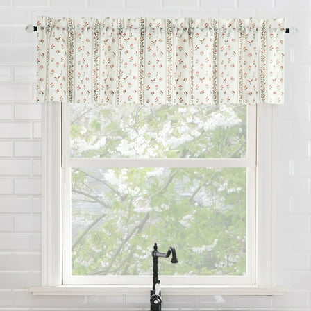 No. 918 Riverwood Ditsy Floral Stripe Semi-Sheer Rod Pocket Kitchen Curtains, 54"W X 14"L