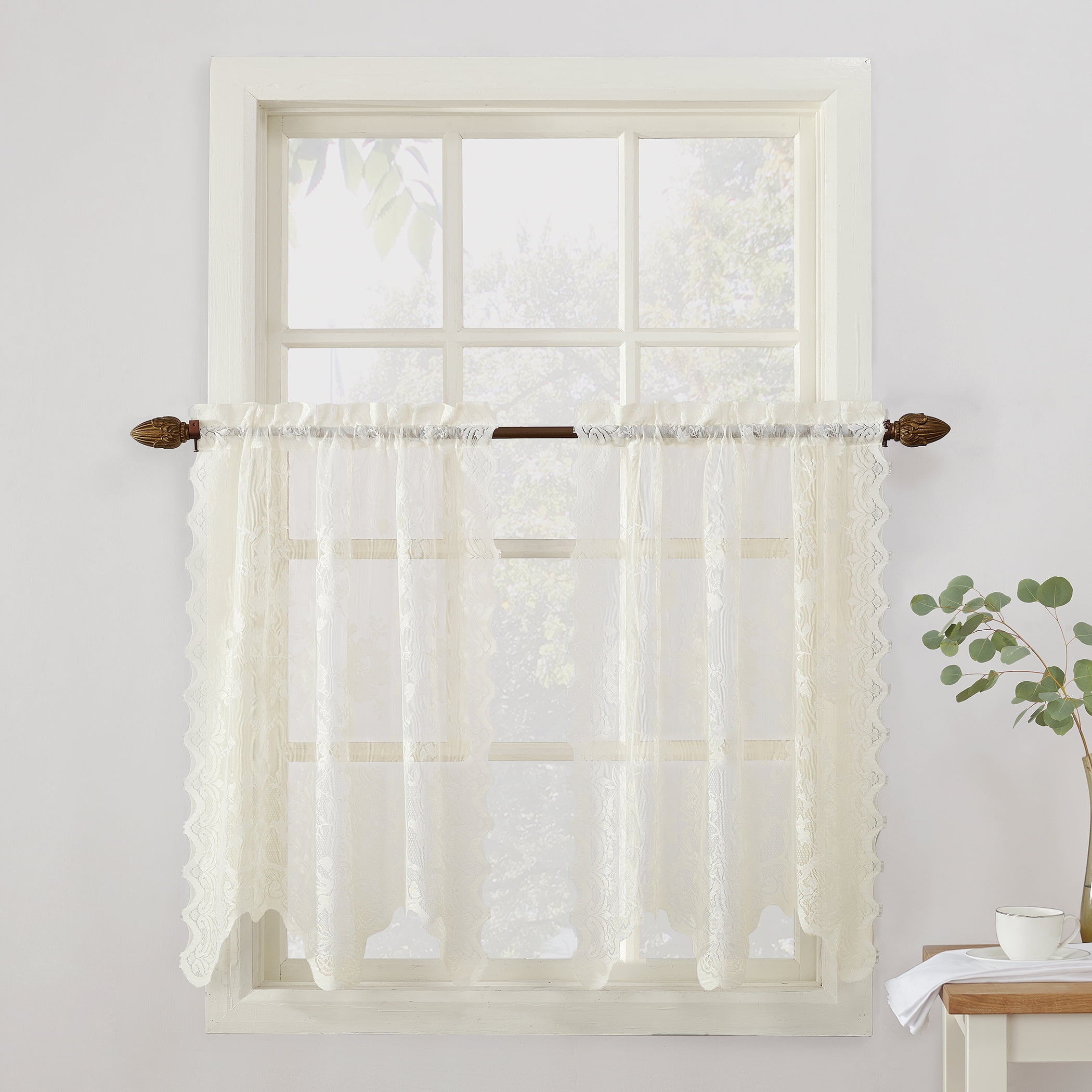 No. 918 White Mariela Floral Trim Semi-Sheer Rod Pocket Kitchen Curtain Valance and Tiers Set