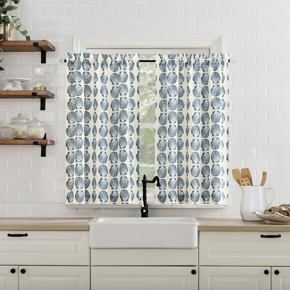 No. 918 Sandbar 2-Pack Tonal Seashell Print Semi-Sheer Rod Pocket Kitchen Curtains, 54"W X 36"L