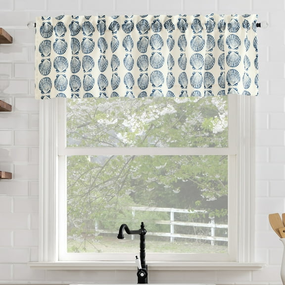 No. 918 Sandbar Tonal Seashell Print Semi-Sheer Rod Pocket Kitchen Curtains, 54"W X 14"L