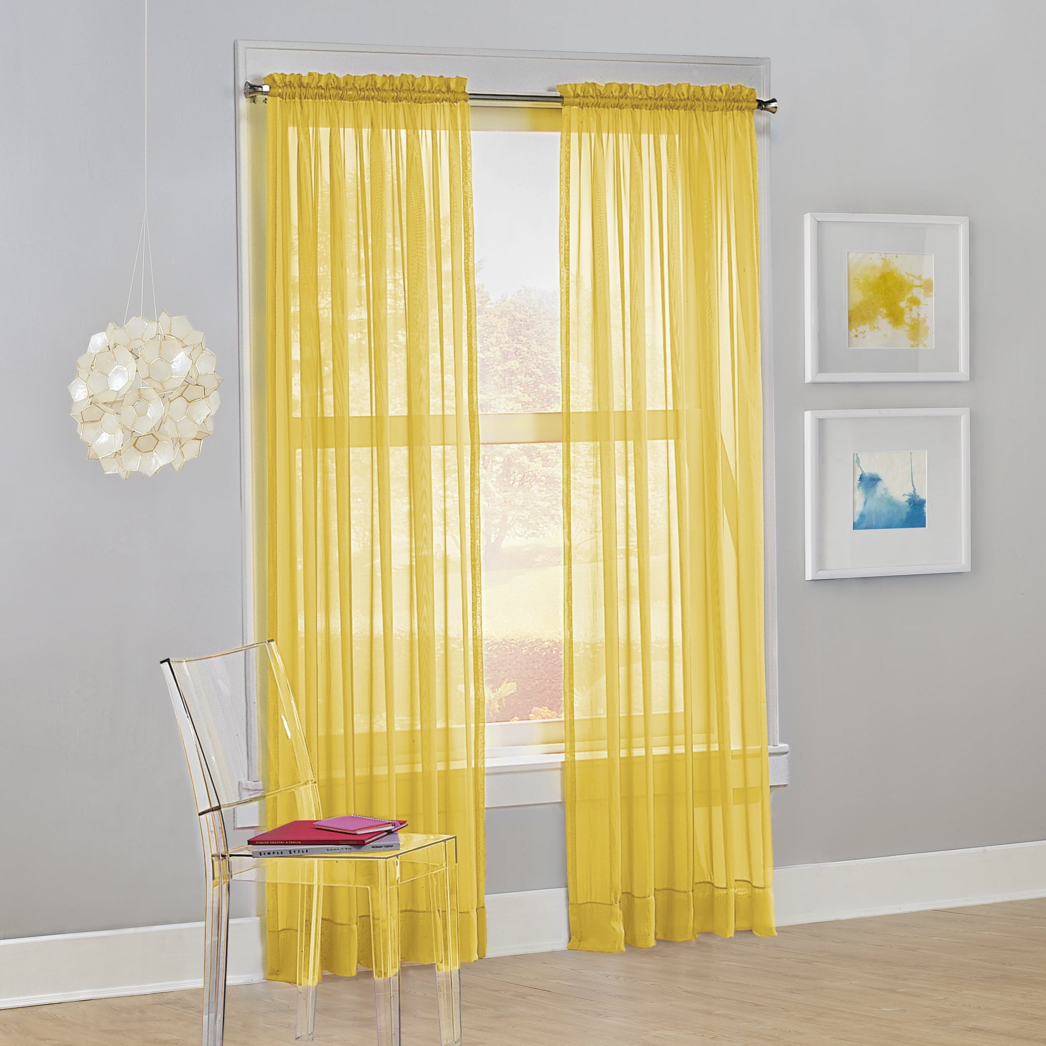 Lemon Yellow Sheer Polyester Rod Pocket Curtain Panel, 63" x 59"