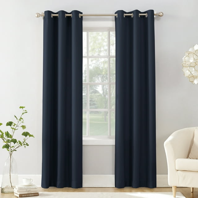 No. 918 Sora Casual Textured Semi-Sheer Grommet Curtain Panel, 40"x95", Navy Blue
