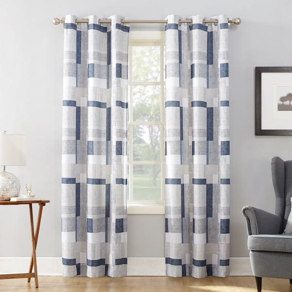 No. 918 Sora Print Geometric Blocks Semi-Sheer Grommet Curtain Panel 40" x 95", Navy/Geo