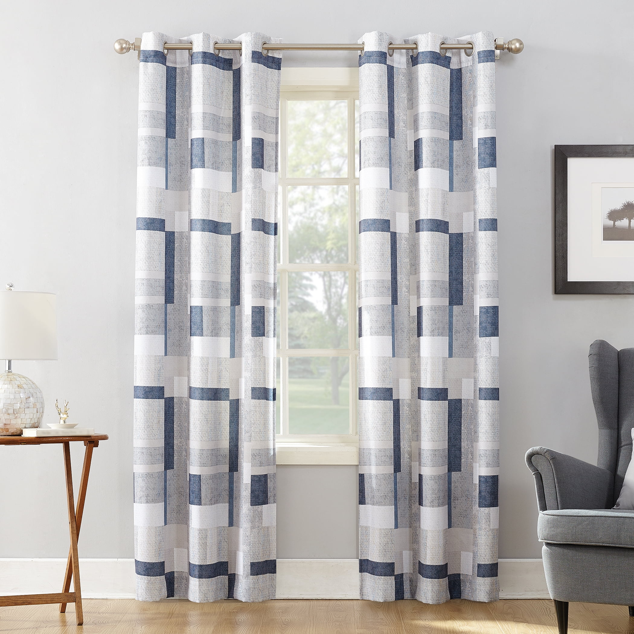 Navy and White Geometric Polyester Sheer Grommet Curtain Panel 40" x 63"