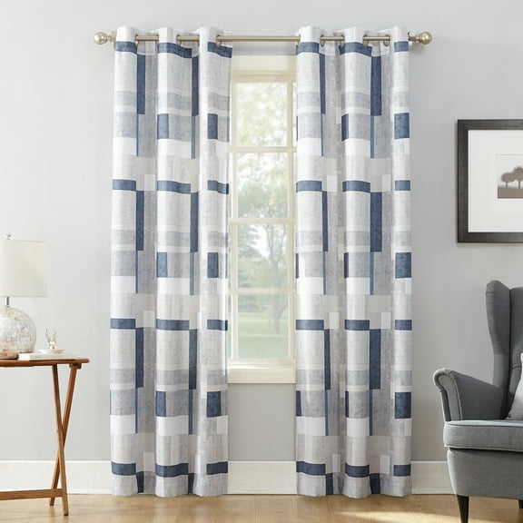 No. 918 Sora Print Geometric Blocks Semi-Sheer Grommet Curtain Panel, 40"x63", Navy/Geo