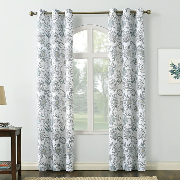 No. 918 Sora Print Medallion Floral Semi-Sheer Grommet Curtain Panel, 40"x84", White/Floral