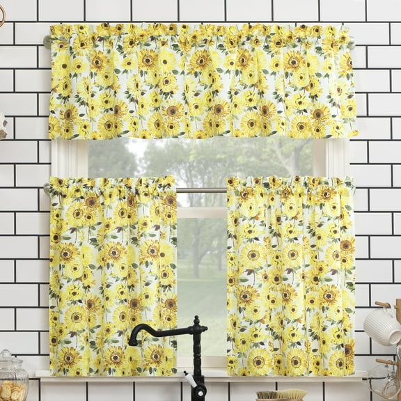 No. 918 Sunny Sunflower Print Semi-Sheer Rod Pocket Kitchen Curtains, 54" x 36" in Yellow