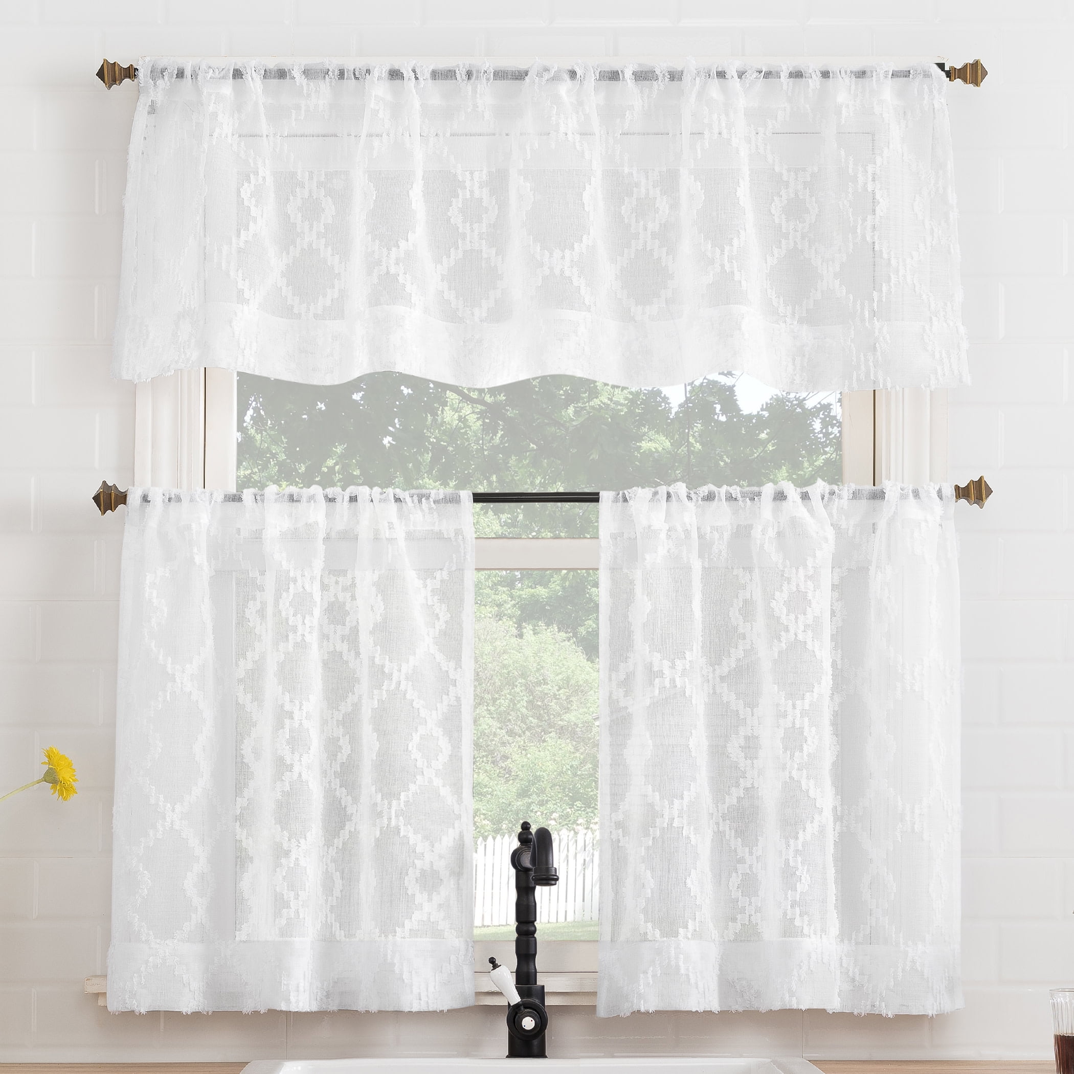 No. 918 Tina Geometric Clipped Semi-Sheer Rod Pocket Kitchen Curtains, 54"x36"