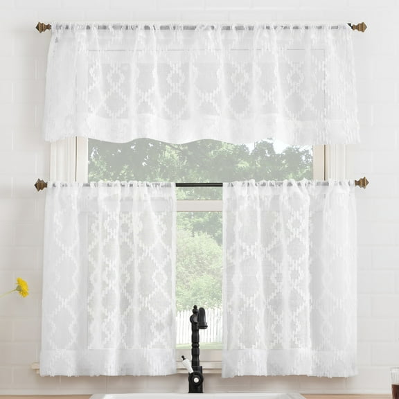 No. 918 Tina Geometric Clipped Semi-Sheer Rod Pocket Kitchen Curtains, 54"x36"