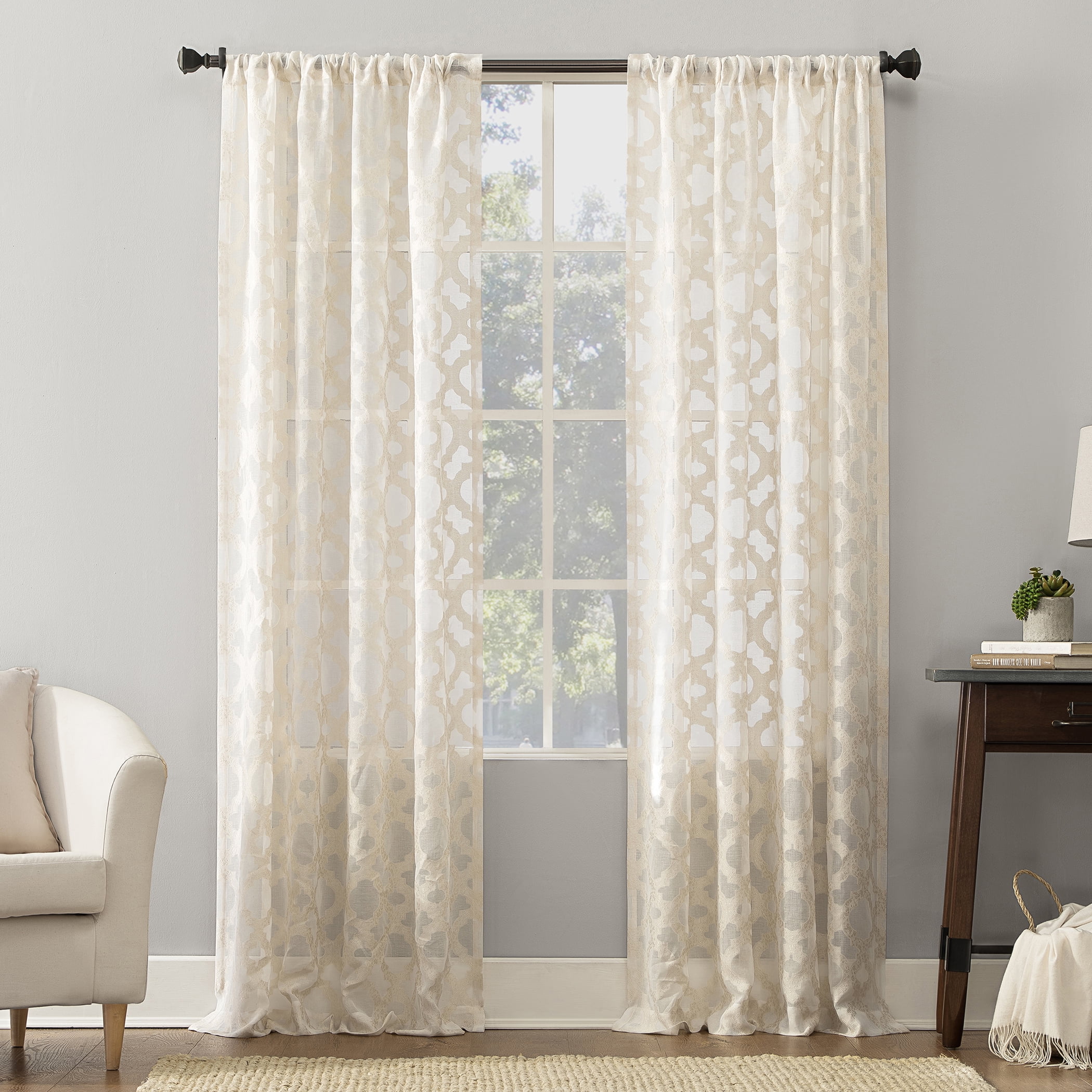 No. 918 Yvette Trellis Jacquard Sheer Rod Pocket Curtain Panel, 52" x 84"