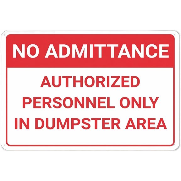 No Admittance Authorized Personnel Only in Dumpster Area Sign - 8"x12" Rust-Free Aluminum UV Printed Sign, 4 Pre-Drilled Holes Weatherproof