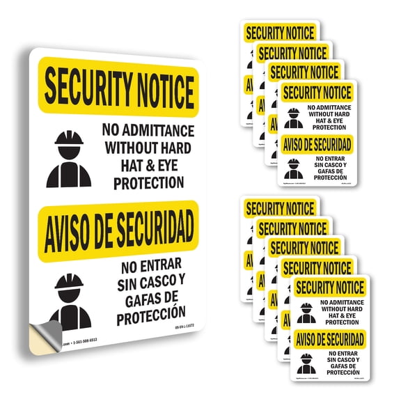 No Admittance Hard Hat Bilingual OSHA Security Notice Vinyl Decal Label 14 Inch x 10 Inch - 10 Pack