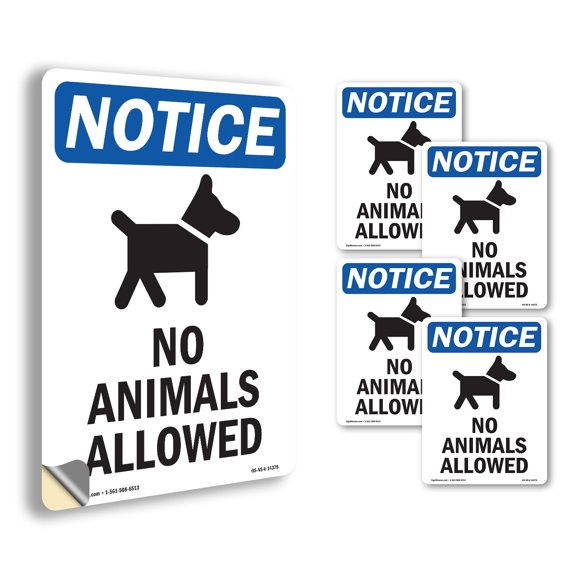 No Animals Allowed With Symbol OSHA Notice Vinyl Decal Label 18 Inch x 12 Inch - 5 Pack