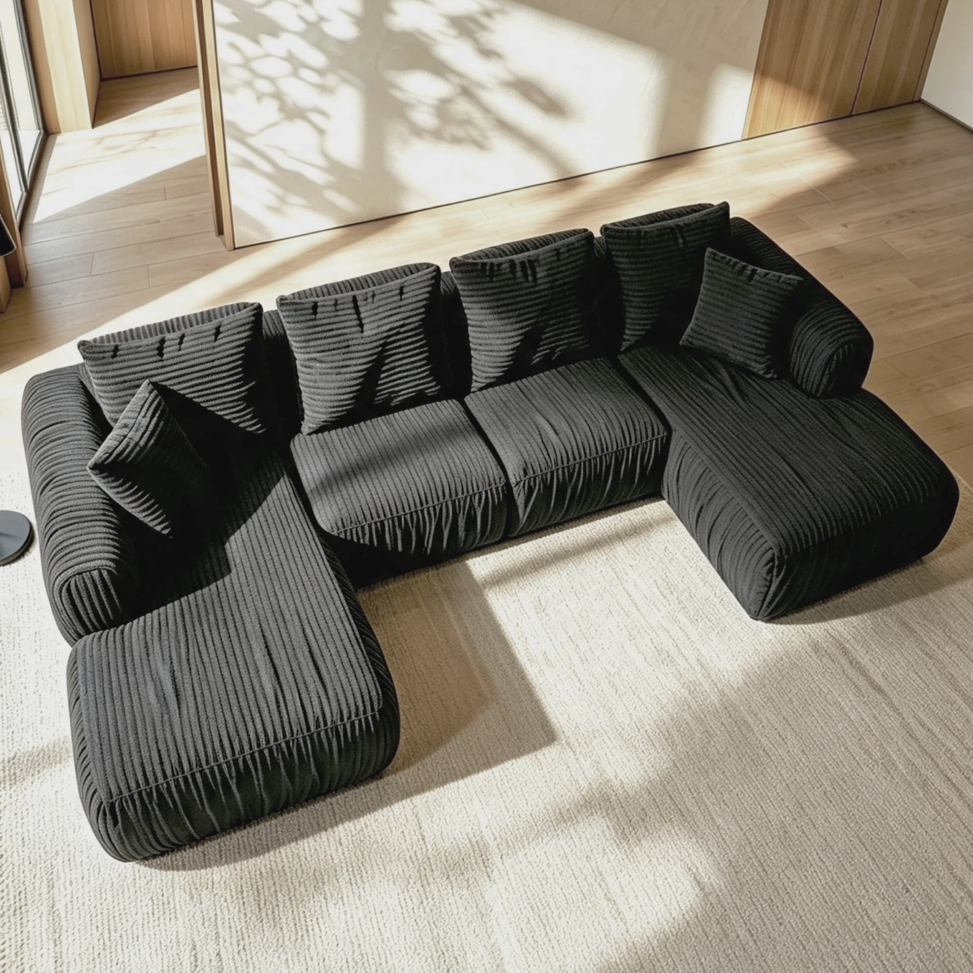 U Shaped 132 Inch Modular Sectional Sleeper Sofa, Boneless Cloud Couch, Oversized Deep Seat Corduroy Couch for Living Room and Apartment, No-Assembly, Black