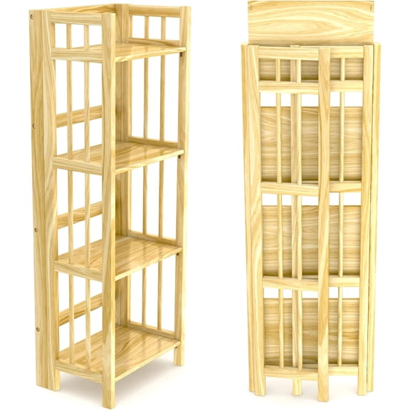 No Assembly 4-Tier Folding Bookshelf, Natural Wood, 45"x16"x11.5", Small Bookcase for Home/Office, 150lbs/Shelf