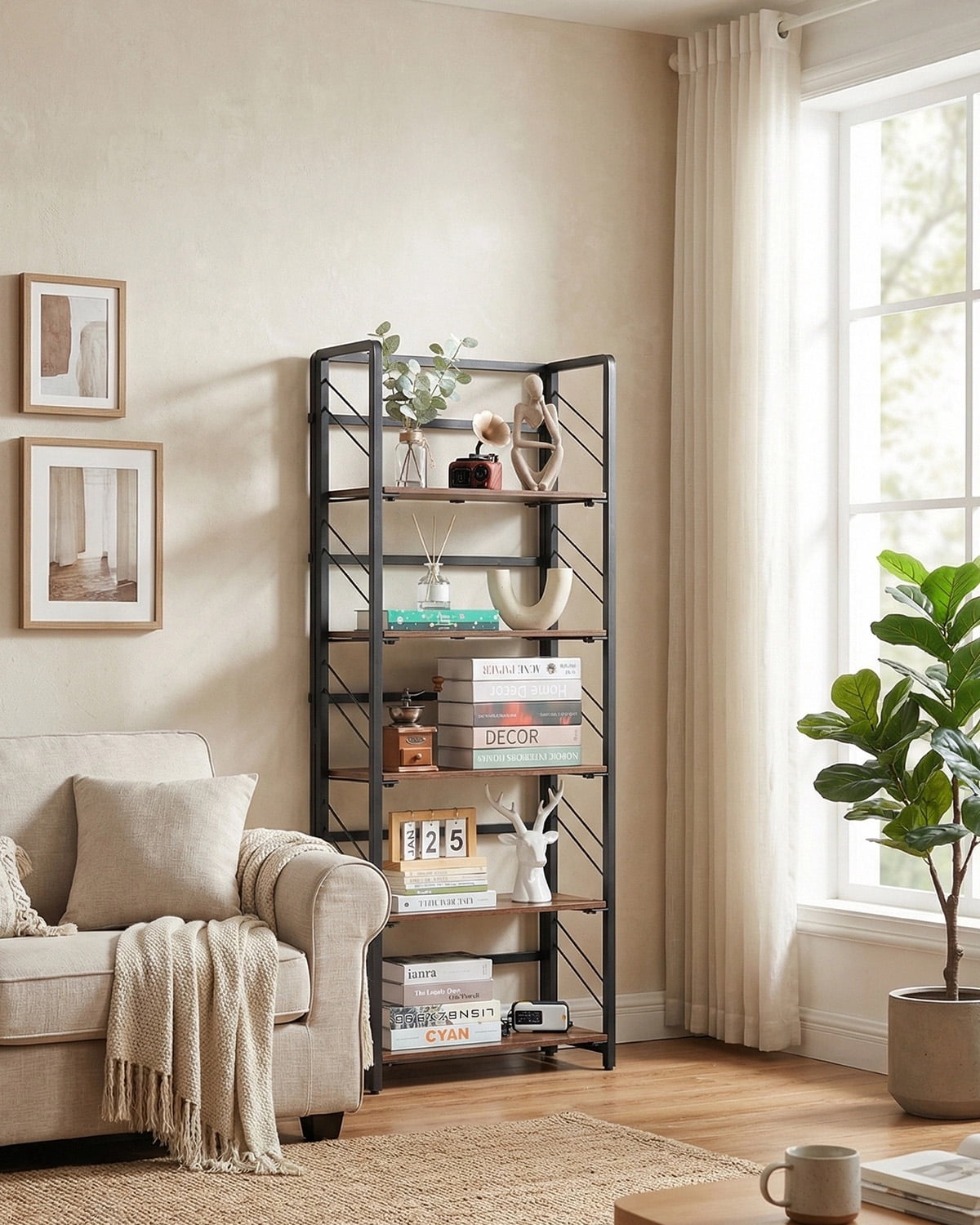 No-Assembly 4-Tier Folding Bookshelf, Vintage Bookcase Storage Shelves ...