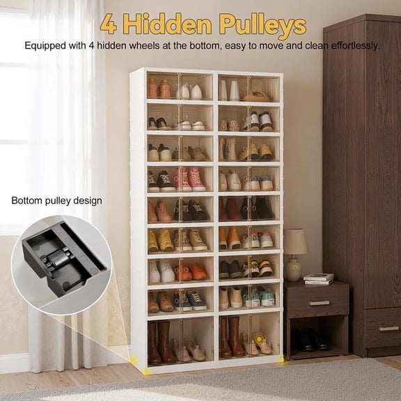 Shoe Rack Organizer for Closet Entryway, Foldable Sneaker Storage Cabinet, Collapsible with Magnetic Transparent Doors & Wheels, 9 Tiers 16+2 Grids Holds 36 Pairs, Stackable Design