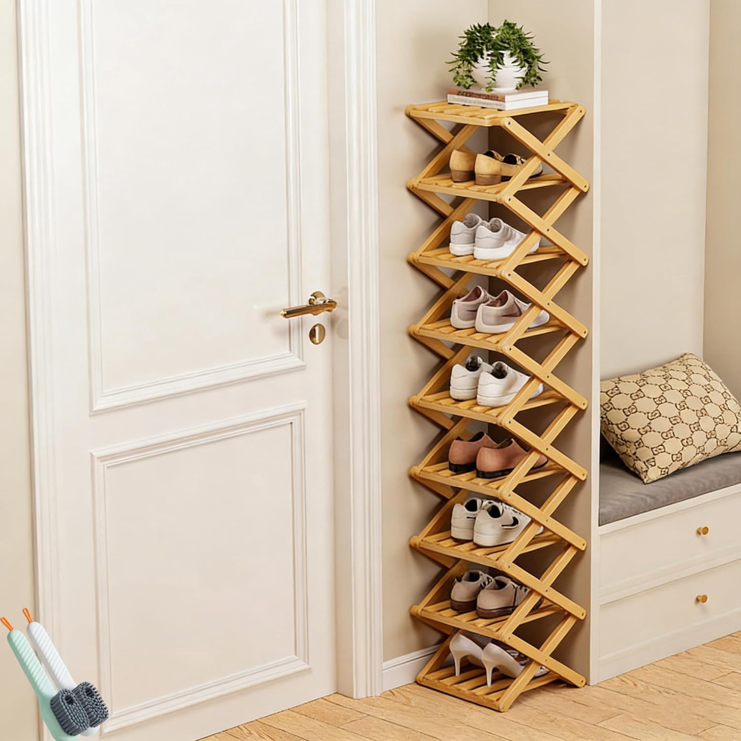 No-Assembly Bamboo Shoes Rack, Foldable Vertical Corner Shoe Organizer ...