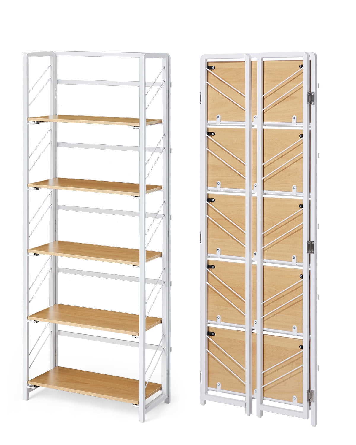 No-Assembly Bookcase,5-Tier Folding Bookshelf, Vintage Storage Shelves,Standing Racks Display Organizer for Home,Office