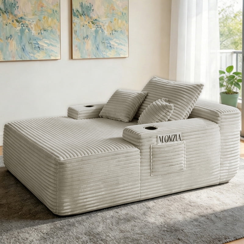 No-Assembly Chaise Lounge Armchair with Throw Pillows, Boneless Single Sleeper Sofa Bed with Cup Holder & Storage Pocket