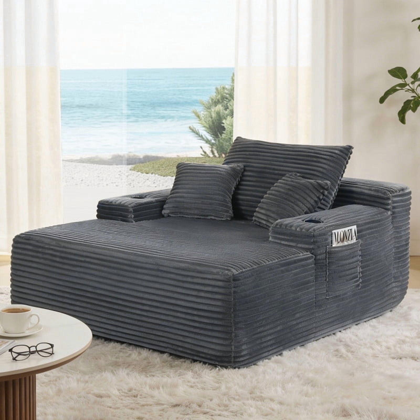 No-Assembly Chaise Lounge Armchair with Throw Pillows, Boneless Single Sleeper Sofa Bed with Cup Holder & Storage Pocket