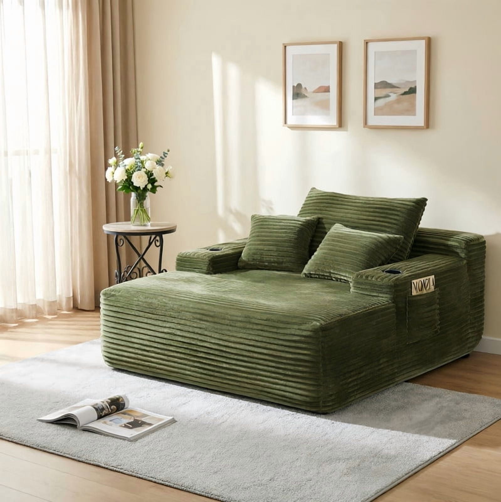 No-Assembly Chaise Lounge Armchair with Throw Pillows, Boneless Single Sleeper Sofa Bed with Cup Holder & Storage Pocket