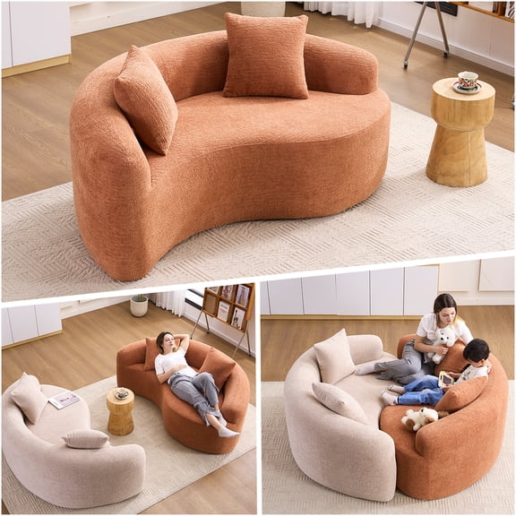 No Assembly Chenille Sofa, Coral Pink S-Shaped Sectional for Small Spaces with Pillows