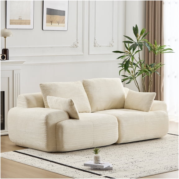 No Assembly Cloud Sofa 2-Seater, Modular Corduroy Loveseat with Memory Foam, Deep Seat Sectional Couch for Small Spaces, Beige
