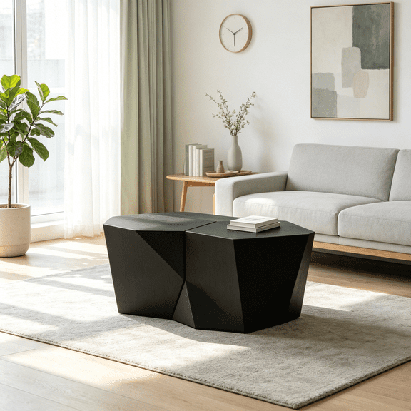 No Assembly Coffee Table Set of 2, Modern Black MGO End Tables with Geometric Design for Small Spaces