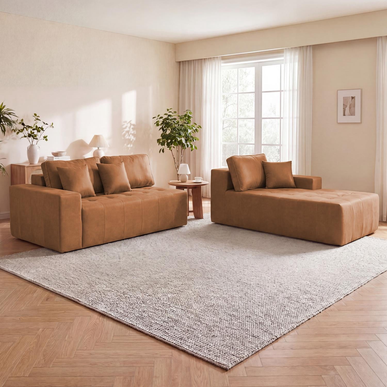 No-Assembly Faux Leather Corner Chaise Compression Sofa Bed, L-Shaped Sectional Couch with High-Density Sponge for Living Room, Light Brown